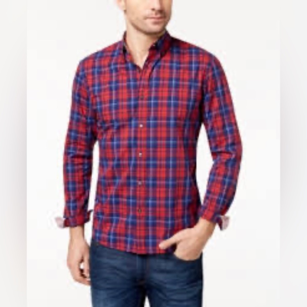 Michael Kors, men’s button-down shirt, size XXL, slim, fit, red white blue plaid